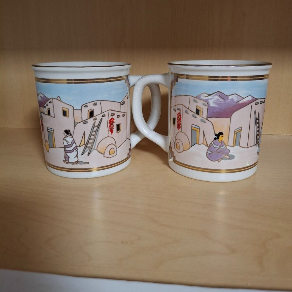 Vintage Japan Pueblo Village Scene Ceramic Coffee Mugs Pair Gold Trim 10 oz